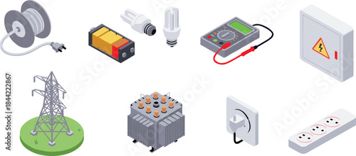 Electricity power energy icon set, battery bulb multimeter transmission tower, voltage panel socket design, flat vector illustration, isolated on white background, industry maintenance symbol