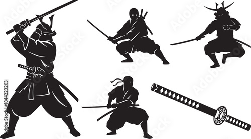 Set of Five Black Samurai and Ninja Warrior Silhouettes in Combat Poses - Japanese Historical Figures with Katana Sword Vector Isolated on White for Martial Arts and Culture Design