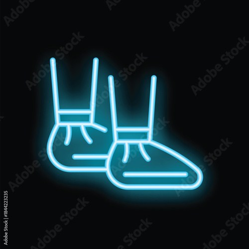 Blue neon sign depicting a pair of disposable shoe covers, commonly used to maintain hygiene and cleanliness in controlled environments