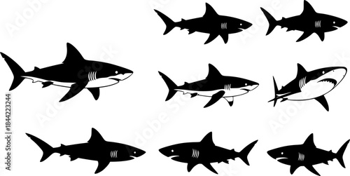 Shark silhouette, Shark silhouettes, Shark icon set, Shark clipart, Shark vector illustration set