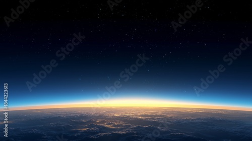 Breathtaking Earth Horizon at Sunrise From Space With Cloud Surface and Stars in Deep Blue Sky