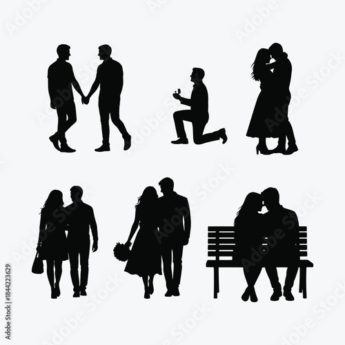 Elegant silhouette collection portraying various stages of romantic relationships, from casual walks and heartfelt proposals to intimate embraces and shared moments, ideal for capturing love stories