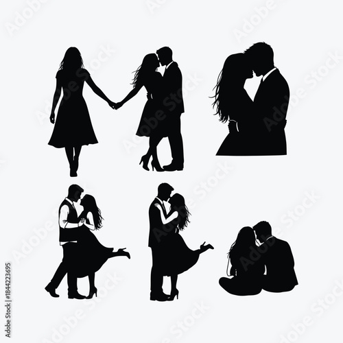 A captivating collection of silhouette illustrations depicting various romantic moments and loving gestures between couples, perfect for conveying deep affection and connection in design projects