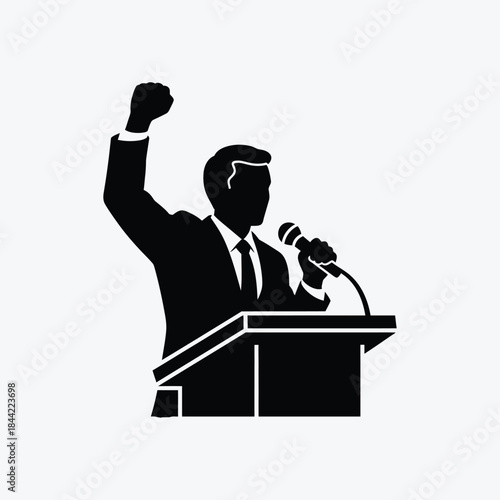 Powerful vector silhouette of a speaker at a podium, delivering an impassioned public address, raising a fist, symbolizing strong advocacy, leadership, and protest