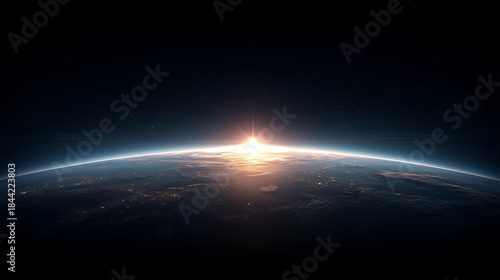 Earth From Space With Sunlit Atmosphere, Cloud Layers and City Lights Under Starry Black Sky