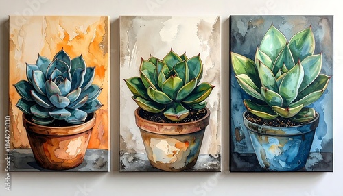 Three succulent plant paintings, each potted, with watercolor backgrounds