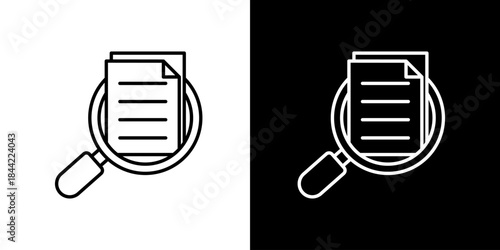 Single icon of magnifying glass over documents, representing research, analysis, and discovery of information