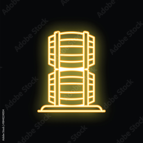 Glowing neon line two wooden barrels stacked beer sign on black background