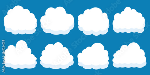 set of vector illustrations of clumpy clouds, cloud bubbles in flat style on a blue background	
