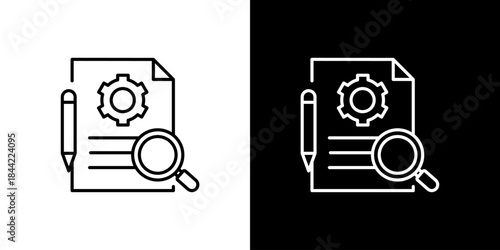 Document analysis and research process with magnifying glass, gear, and pencil icons