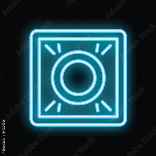 Blue neon icon of a fire alarm system flashing its light on a black background