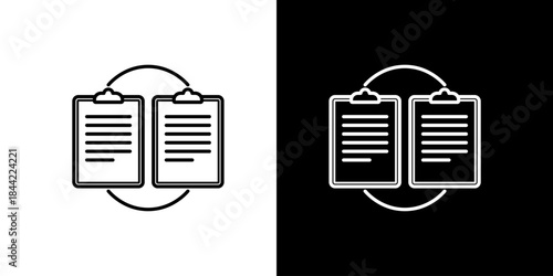 Abstract icon symbolizing data comparison, document synchronization, and information analysis, with two clipboards connected by a circular arrow design