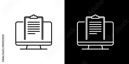 Online Form on Computer Monitor Line Icon. Digital Document Checklist for Electronic Data Entry and Management System. Web Survey Concept