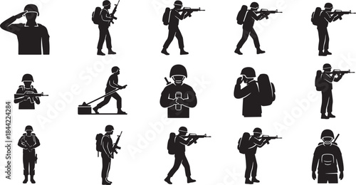 Set of Fifteen Black Soldier Silhouette Icons - Various Military Poses Including Saluting, Marching, Patrol, and Carrying Rifle Vector for Army, Service, and Veterans Design