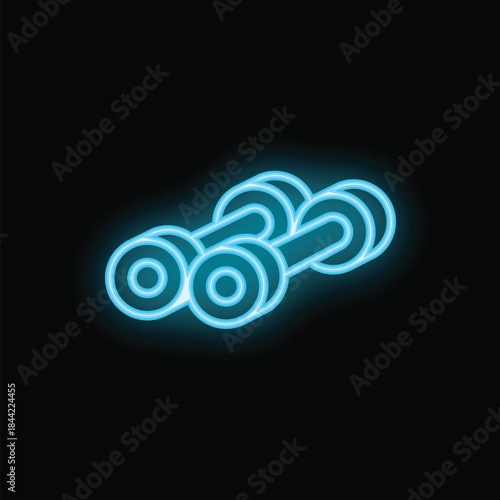 Blue neon dumbbell icon glowing in the dark, representing strength training and fitness