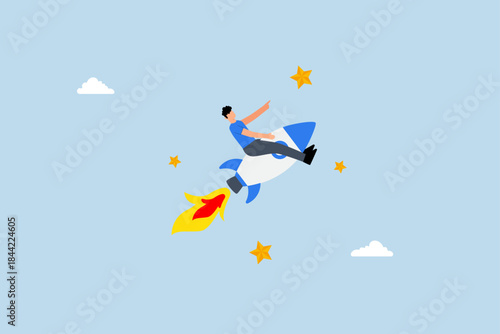 Success achievement, businessman riding fast rocket to reach success star.