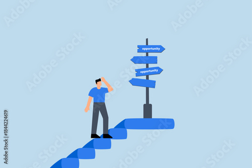 Opportunity, businessman climb up stair to see opportunity sign.