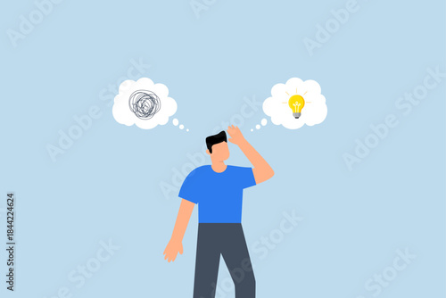 Problem solving, businessman thinking with mess problem and lightbulb idea.
