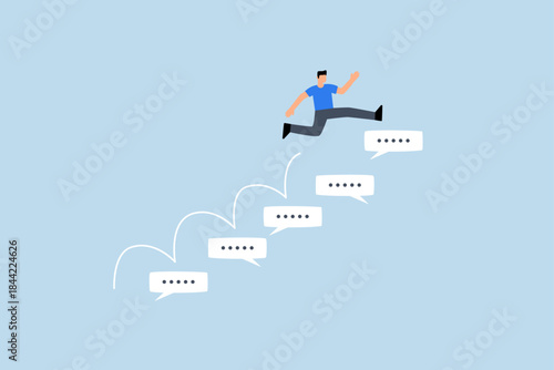 Advice, businessman walk up speech bubble as stair to reach success.