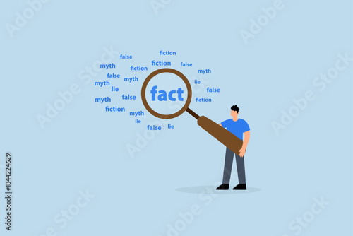 Fact checking, businessman with magnifying glass analyze fact from false info.