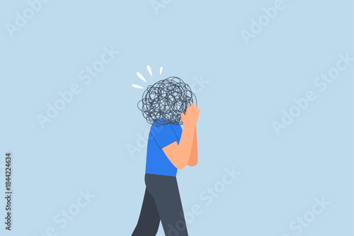 Overthinking, businessman overthinking mess head.