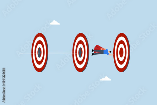 Power to reach targets, businessman superhero flying breakthrough target bullseyes.