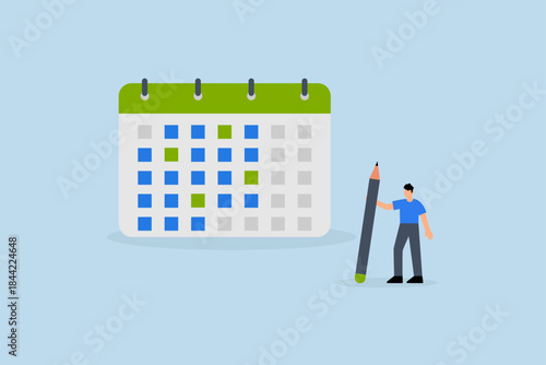 Calendar schedule, businessman hold pencil thinking with calendar schedule plan.