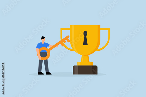 Unlock key to success, businessman with key to success to unlock winning trophy.