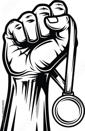 ✊ Winning fist holding a shiny gold medal award after successful achievement in competition, representing victory, sportsmanship, and the power of human determination in professional athletic success.