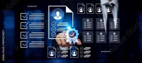 Φωτογραφία A business professional interacts with a digital interface showcasing document verification and record management, emphasizing efficiency and accuracy in corporate processes