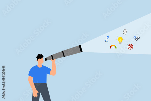 Product discovery, businessman discover light bulb idea through telescope.