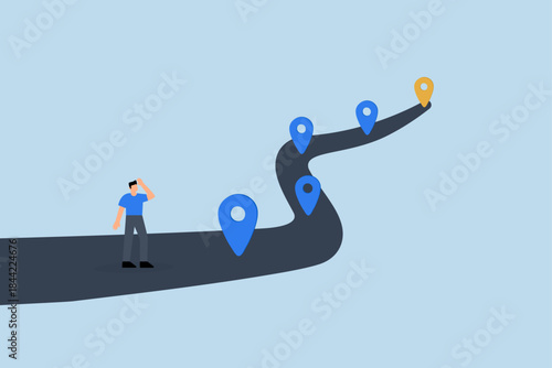 Success roadmap journey, businessman look at achievement milestone to success.