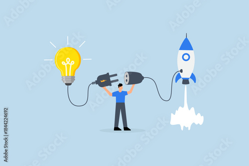 Entrepreneur business idea creating startup company, businessman connect lightbulb idea with launching rocket.