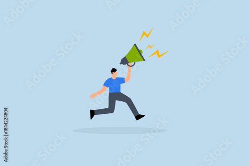 Business shout out, businessman using megaphone speak out loud to be heard in public.