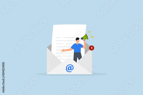entrepreneur positioned inside email envelope proclaiming promotion via megaphone.