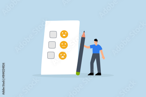 Customer rating, man grasping a pencil reflects on their experience while rating survey that features happy, neutral, and angry facial expressions.