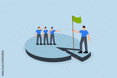 Niche market, entrepreneur positioned on compact section of pie chart symbolizing niche market segment.