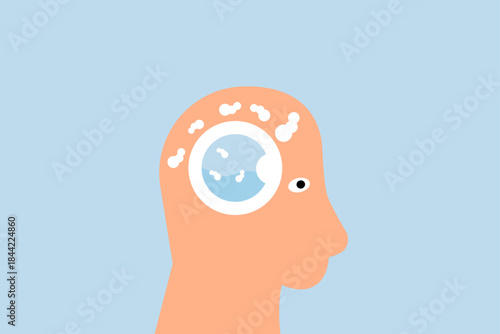 Brain wash, human head with washing machine in action to clean his brain.