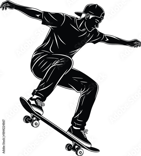 Dynamic urban skateboarder performing a thrilling trick, black silhouette with vibrant blue neon outline, representing extreme sports, youth culture, 