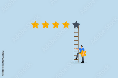 businessman holding 5th star climb up ladder to put on best rating.