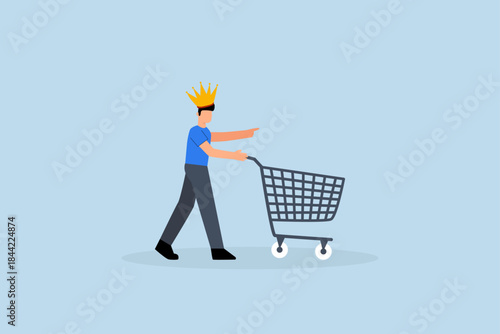 Customer is king, man customer wearing king crown running with shopping cart ready to buy product.
