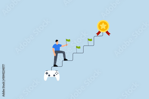 Gamification, joyful businessman walk up stair from gaming joystick to achieve target.
