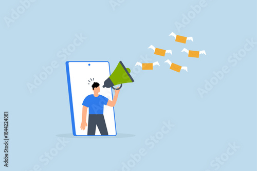 Email marketing campaign, entrepreneur on smartphone employing megaphone to distribute digital email newsletter online.