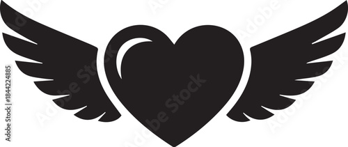 Black silhouette of a heart with spread wings on a white background