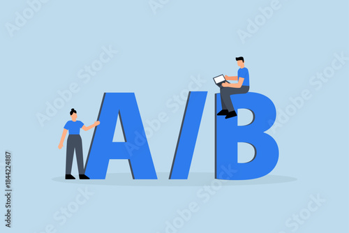 AB testing, Entrepreneur coder and users positioned on letters A and B for evaluation.