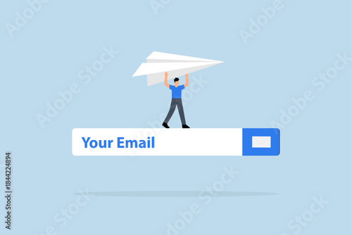 entrepreneur introducing origami paper aircraft on email signup form on webpage.