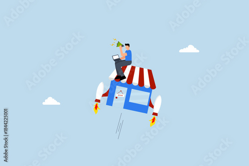 promotion to boost sales, businessman promote his shop with rocket booster flying.