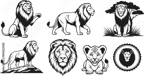 Lion King Majestic Vector Bundle Collection, Detailed Head Silhouette Logo Design, Sitting Standing Cub Illustrations, Wild African Animals Tattoo Mascot Graphic Element