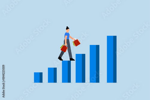 Customer lifetime value, customer woman with shopping bags walk on CLV graph and chart.