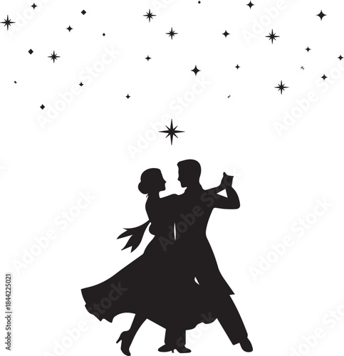 Silhouette of a couple dancing under a starry sky